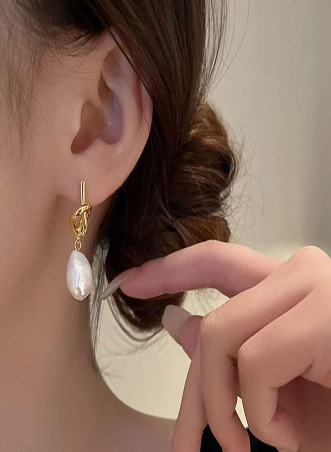 TACBSP Gold Pearl Earrings for Women Dainty Pearl Knot Dangle Earrings Hypoallergenic Pearl Geometric Stud Earrings Trendy Jewelry Gifts for Women (A.) - Image 2
